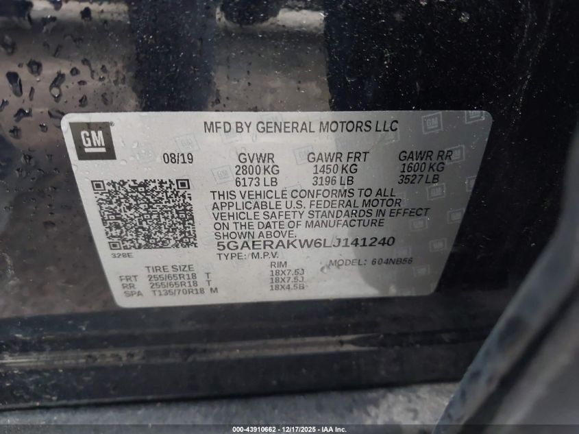 2020 Buick Enclave Fwd Preferred VIN: 5GAERAKW6LJ141240 Lot: 43910662