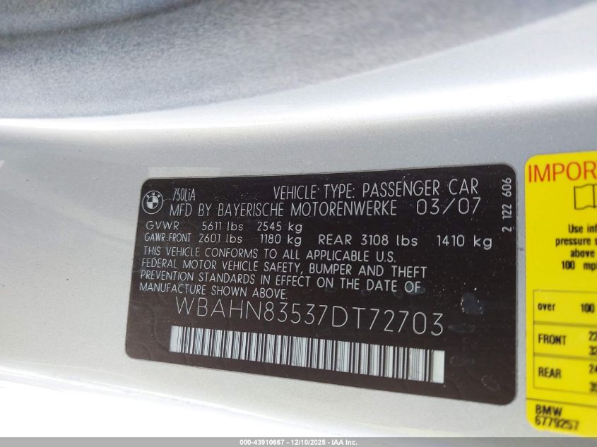 2007 BMW 750Li VIN: WBAHN83537DT72703 Lot: 43910667