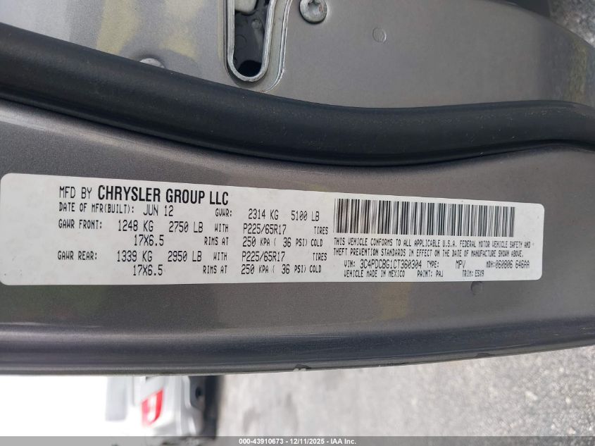 2012 Dodge Journey Sxt VIN: 3C4PDCBG1CT360304 Lot: 43910673