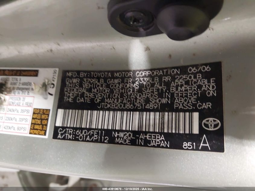 2006 Toyota Prius VIN: JTDKB20U867514891 Lot: 43910678