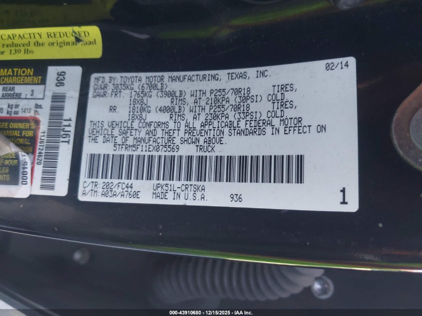 2014 Toyota Tundra Sr5 4.6L V8 VIN: 5TFRM5F11EX075569 Lot: 43910680