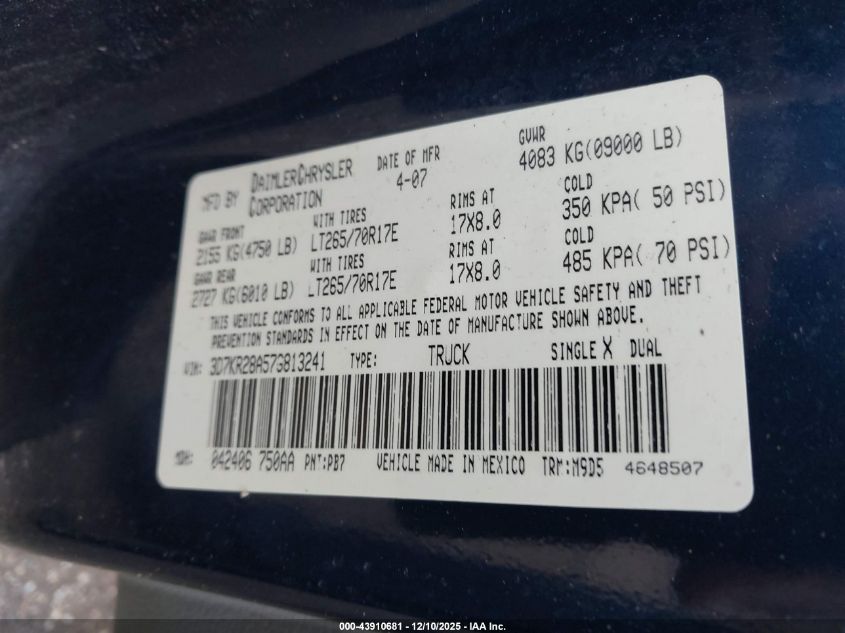 2007 Dodge Ram 2500 Slt/Sport VIN: 3D7KR28A57G813241 Lot: 43910681