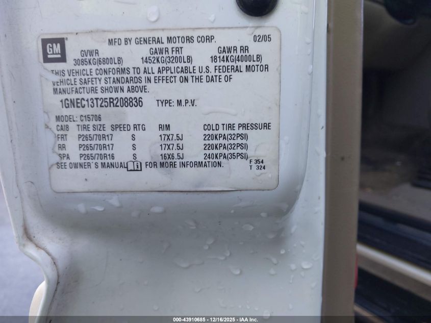 2005 Chevrolet Tahoe Lt VIN: 1GNEC13T25R208836 Lot: 43910685