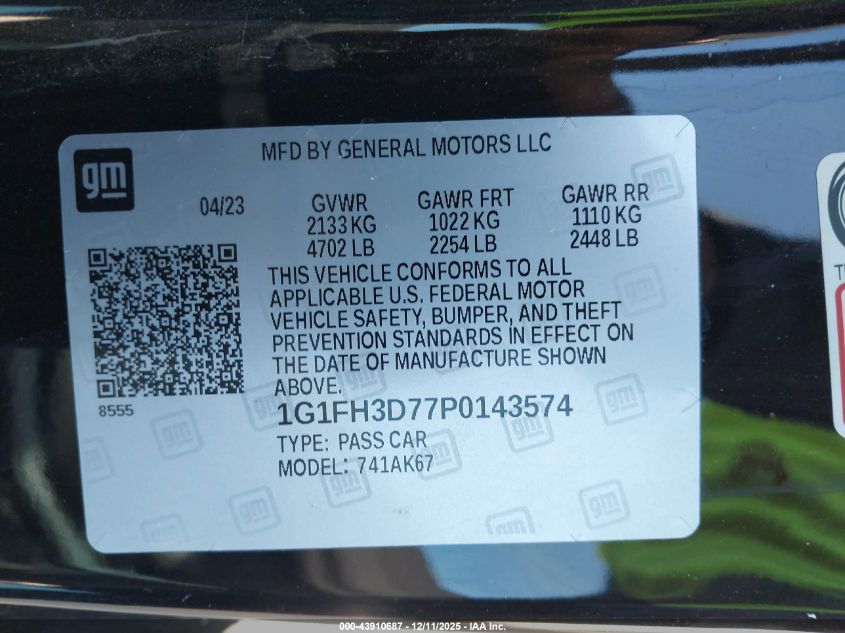 2023 Chevrolet Camaro Rwd 2Ss VIN: 1G1FH3D77P0143574 Lot: 43910687