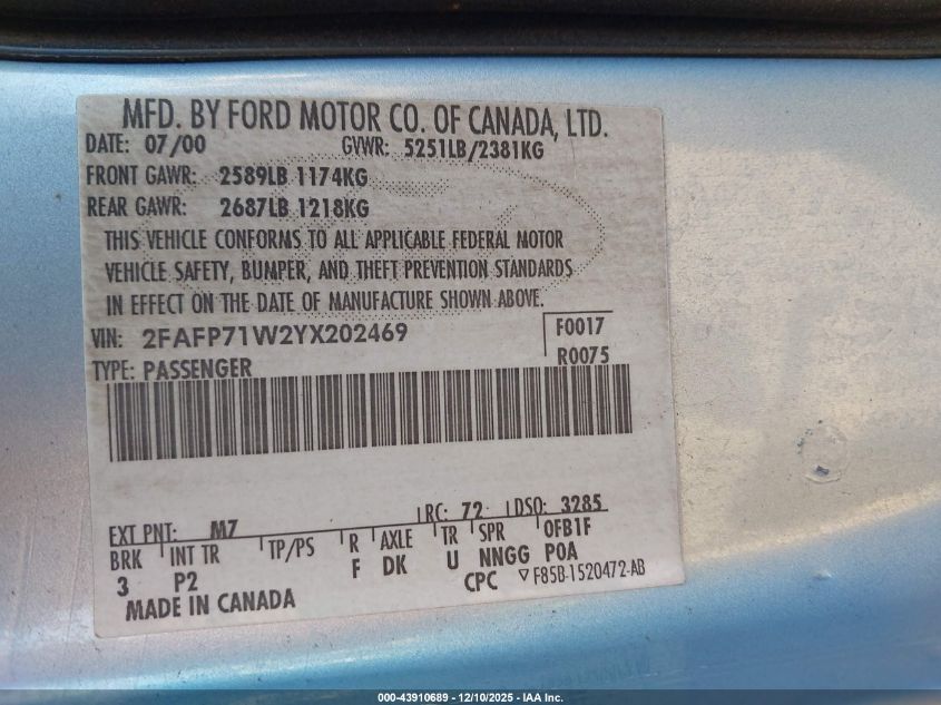 2000 Ford Crown Victoria Police Interceptor VIN: 2FAFP71W2YX202469 Lot: 43910689