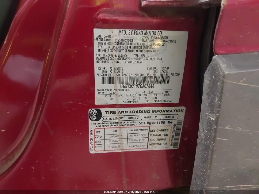 2007 Ford Freestyle Sel VIN: 1FMZK02197GA07646 Lot: 43910695