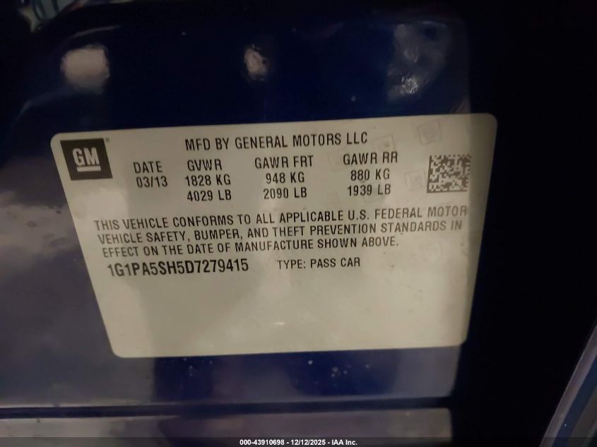 2013 Chevrolet Cruze VIN: 1G1PA55H5D7279415 Lot: 43910698