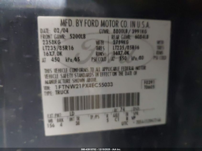 2004 Ford F-250 Lariat/Xl/Xlt VIN: 1FTNW21PX4EC55033 Lot: 43910702