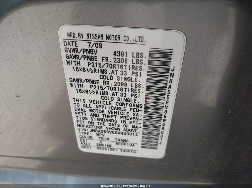 2009 Nissan Rogue S VIN: JN8AS58V89W450814 Lot: 43910706