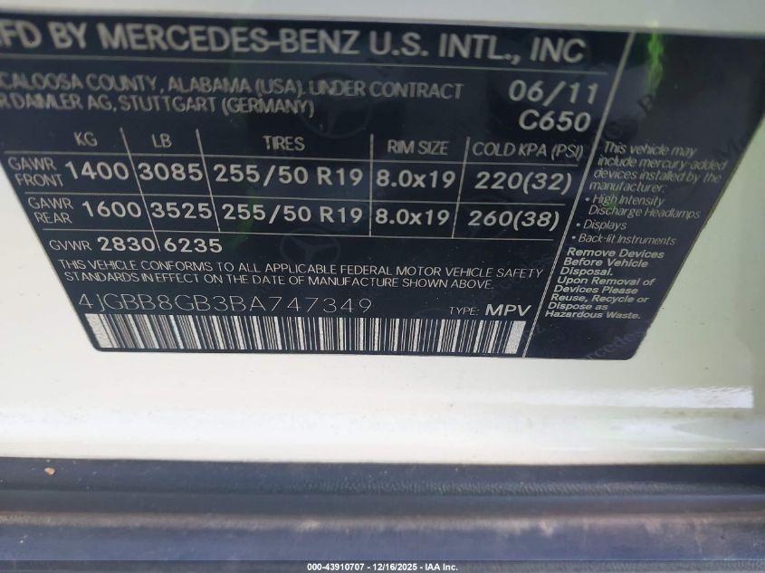 2011 Mercedes-Benz Ml 350 4Matic VIN: 4JGBB8GB3BA747349 Lot: 43910707