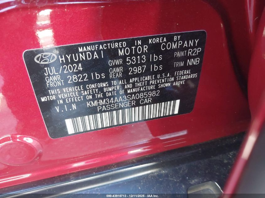 2025 Hyundai Ioniq 6 Sel VIN: KMHM34AA3SA085982 Lot: 43910713