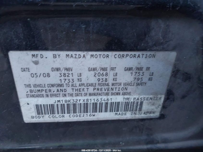 2008 Mazda Mazda3 VIN: JM1BK32FX81163461 Lot: 43910724