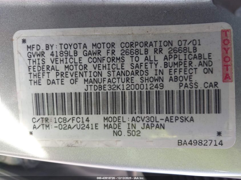 2002 Toyota Camry Se VIN: JTDBE32K120001249 Lot: 43910726
