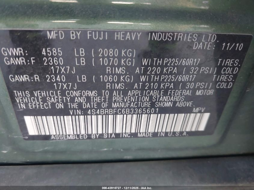 2011 Subaru Outback 2.5I Premium VIN: 4S4BRBFC6B3365601 Lot: 43910727