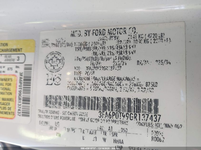 2016 Ford Fusion Se VIN: 3FA6P0T99GR137437 Lot: 43910737