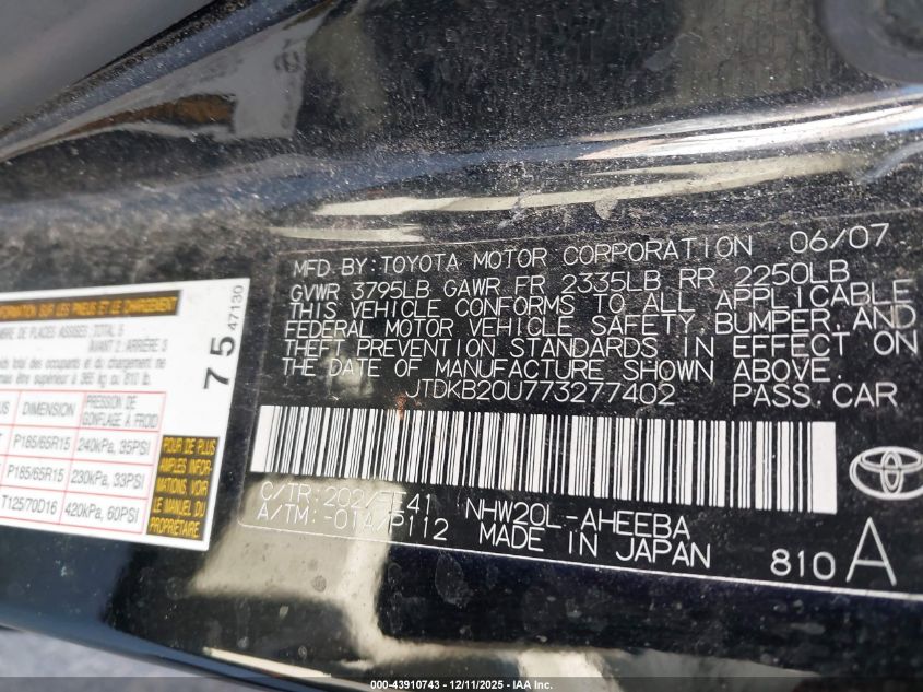 2007 Toyota Prius VIN: JTDKB20U773277402 Lot: 43910743