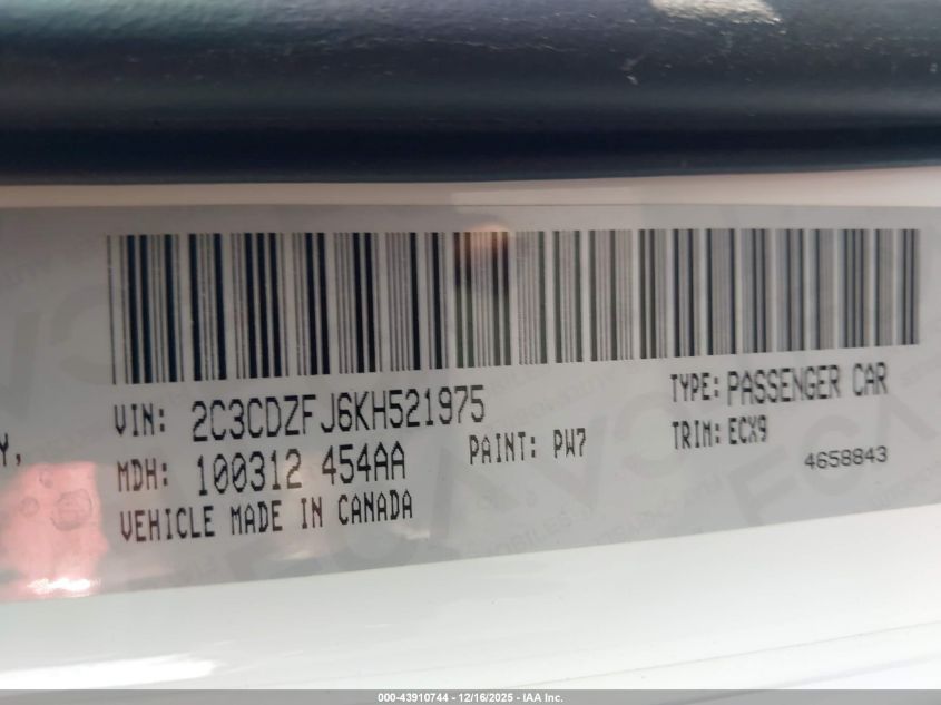 2019 Dodge Challenger R/T Scat Pack VIN: 2C3CDZFJ6KH521975 Lot: 43910744