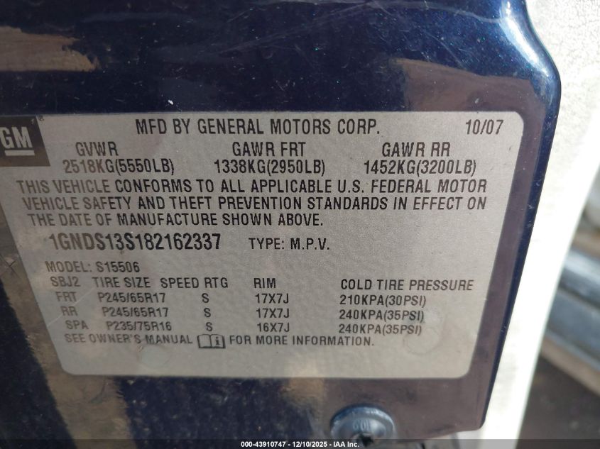 2008 Chevrolet Trailblazer Lt VIN: 1GNDS13S182162337 Lot: 43910747