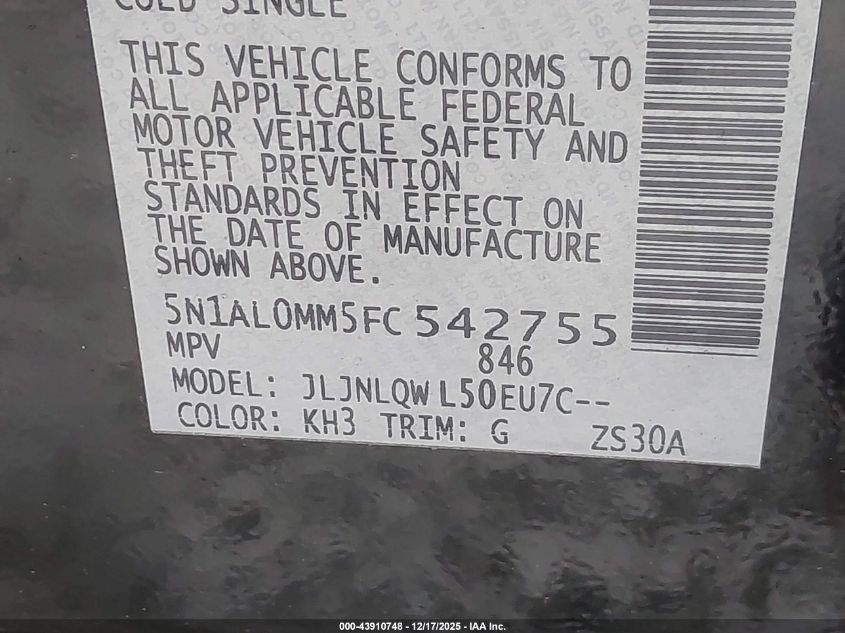 2015 Infiniti Qx60 VIN: 5N1AL0MM5FC542755 Lot: 43910748