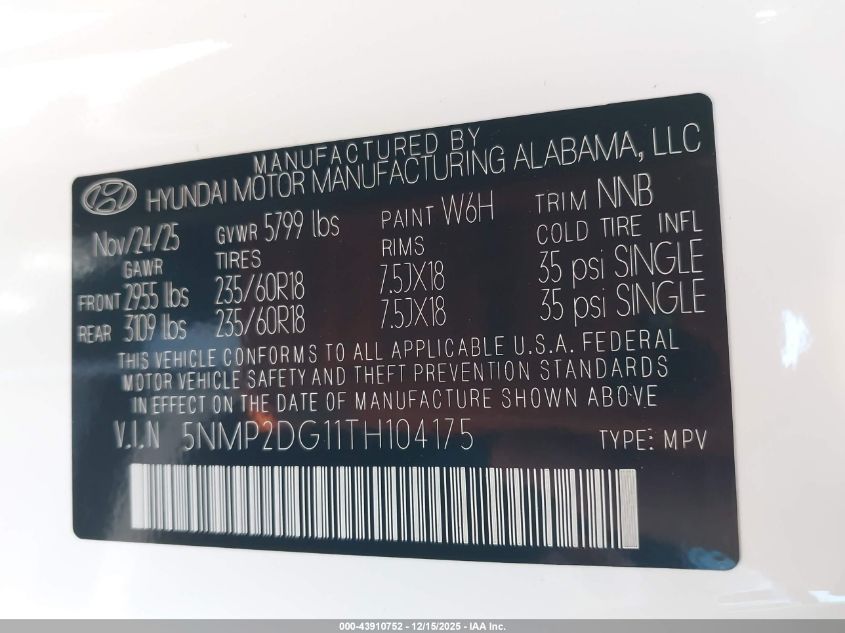 2026 Hyundai Santa Fe Hybrid Sel VIN: 5NMP2DG11TH104175 Lot: 43910752