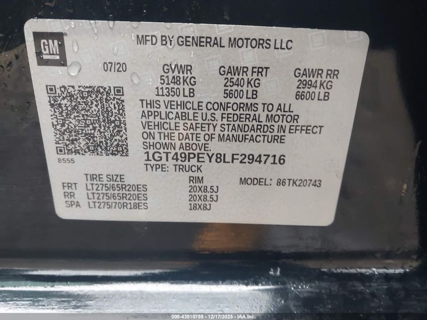 2020 GMC Sierra 2500Hd 4Wd Standard Bed At4 VIN: 1GT49PEY8LF294716 Lot: 43910759