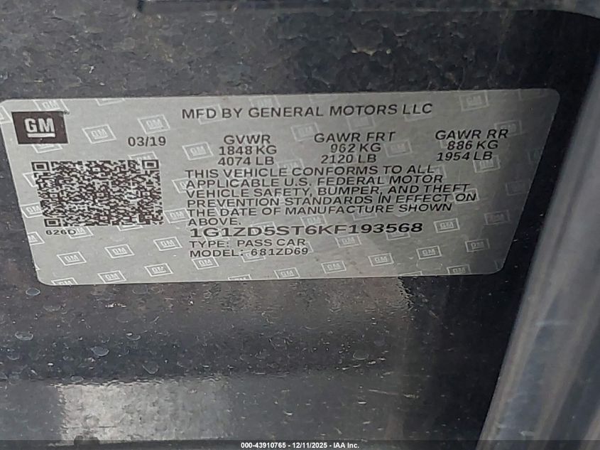 2019 Chevrolet Malibu Lt VIN: 1G1ZD5ST6KF193568 Lot: 43910765