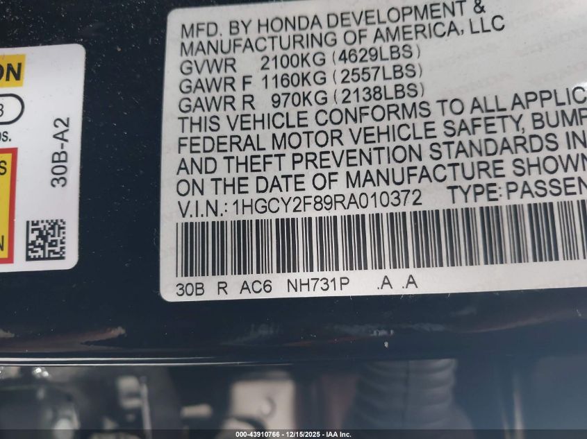 2024 Honda Accord Hybrid Touring VIN: 1HGCY2F89RA010372 Lot: 43910766