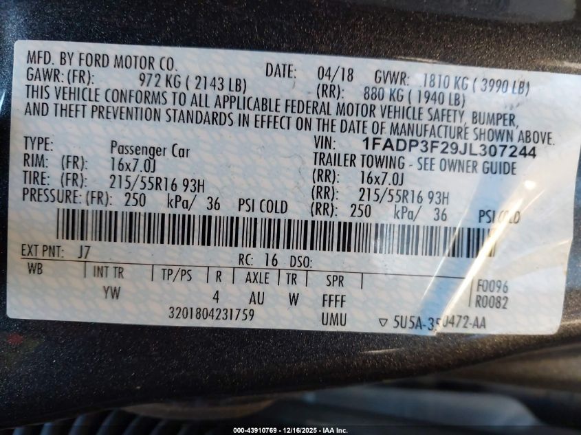 2018 Ford Focus Se VIN: 1FADP3F29JL307244 Lot: 43910769