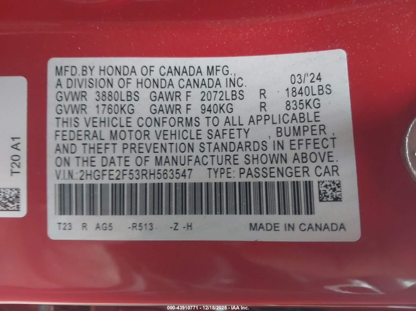2024 Honda Civic Sport VIN: 2HGFE2F53RH563547 Lot: 43910771