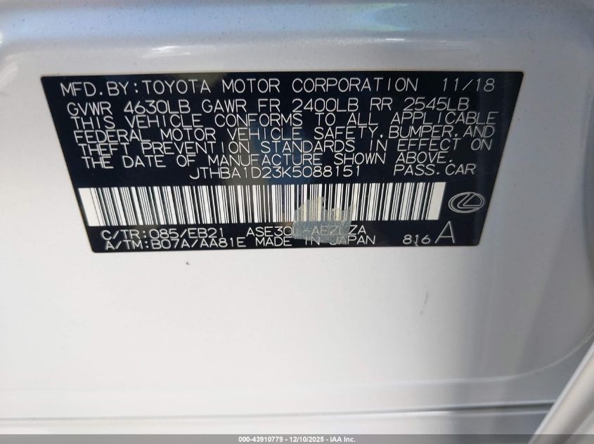 2019 Lexus Is 300 VIN: JTHBA1D23K5088151 Lot: 43910779