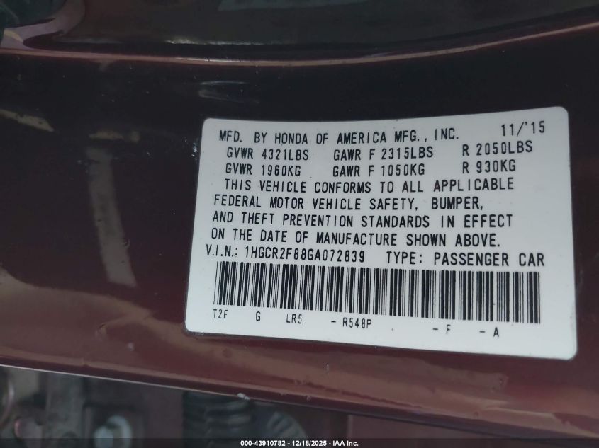 2016 Honda Accord Ex-L VIN: 1HGCR2F88GA072839 Lot: 43910782