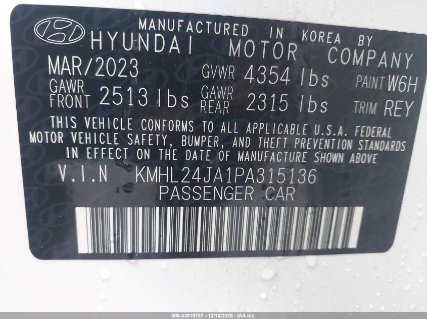 2023 Hyundai Sonata Se VIN: KMHL24JA1PA315136 Lot: 43910787