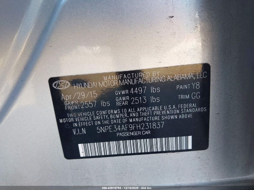 2015 Hyundai Sonata Sport VIN: 5NPE34AF9FH231837 Lot: 43910794