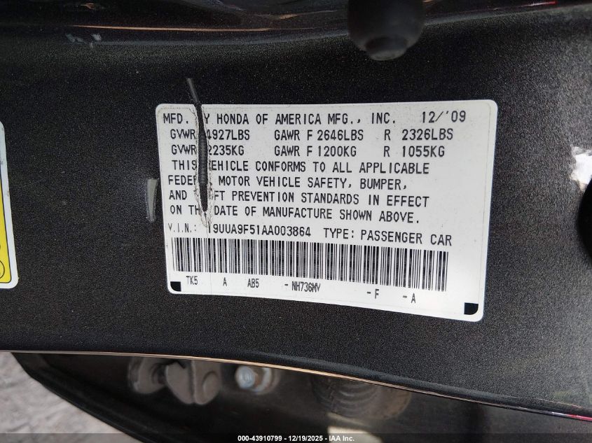 2010 Acura Tl 3.7 VIN: 19UUA9F51AA003864 Lot: 43910799