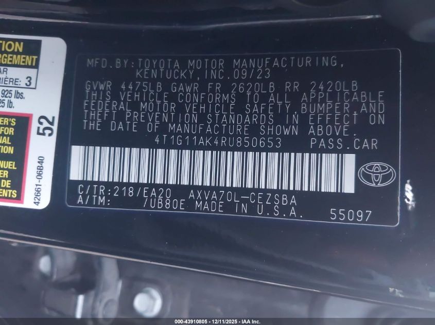 2024 Toyota Camry Se VIN: 4T1G11AK4RU850653 Lot: 43910805