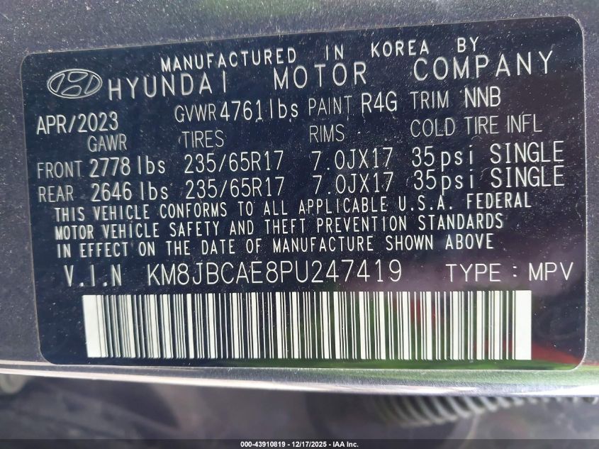 2023 Hyundai Tucson Sel VIN: KM8JBCAE8PU247419 Lot: 43910819