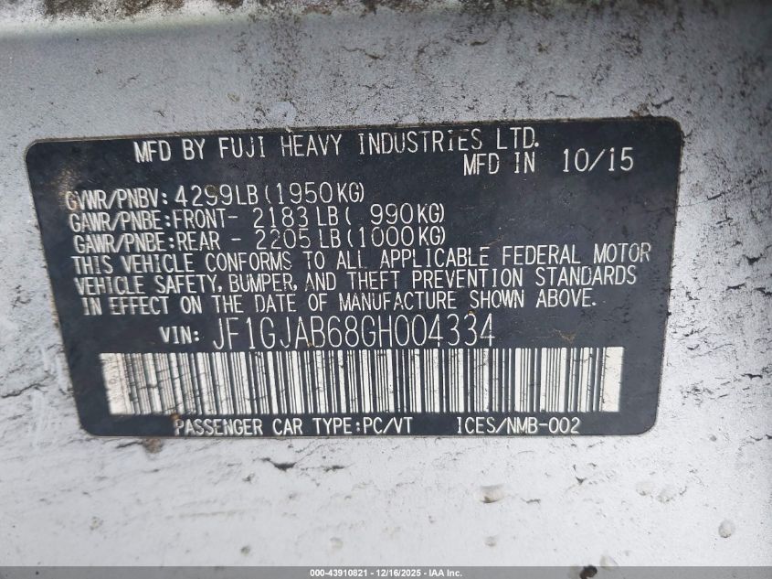 2016 Subaru Impreza 2.0I Premium VIN: JF1GJAB68GH004334 Lot: 43910821