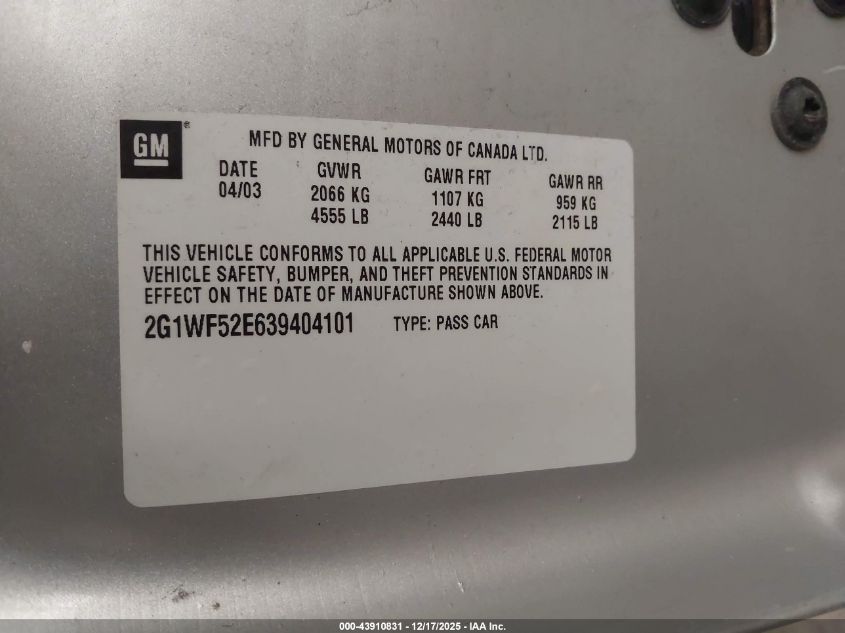 2003 Chevrolet Impala VIN: 2G1WF52E639404101 Lot: 43910831