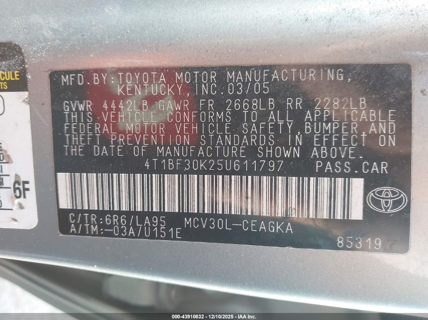 2005 Toyota Camry Xle V6 VIN: 4T1BF30K25U611797 Lot: 43910832