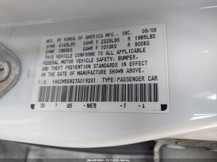 2007 Honda Accord 2.4 Ex VIN: 1HGCM56827A019201 Lot: 43910834