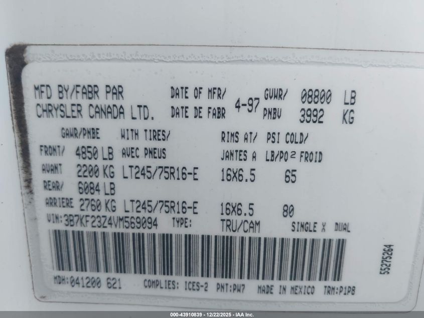 1997 Dodge Ram 2500 St VIN: 3B7KF23Z4VM569094 Lot: 43910839