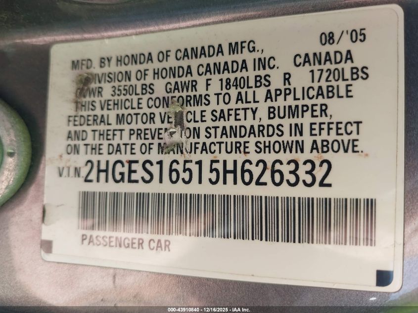 2005 Honda Civic Lx VIN: 2HGES16515H626332 Lot: 43910840