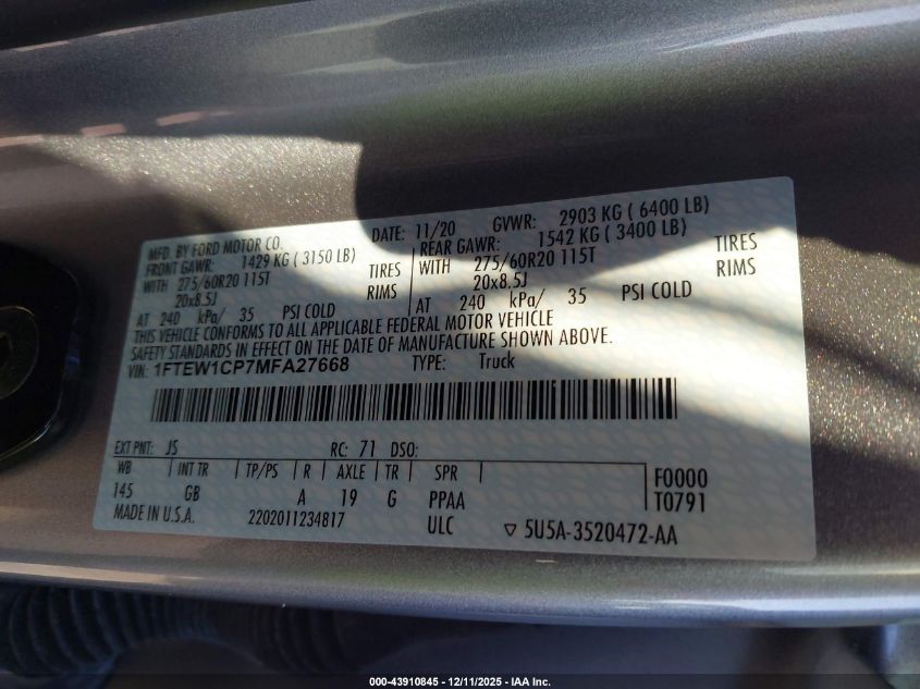 2021 Ford F-150 Xl VIN: 1FTEW1CP7MFA27668 Lot: 43910845