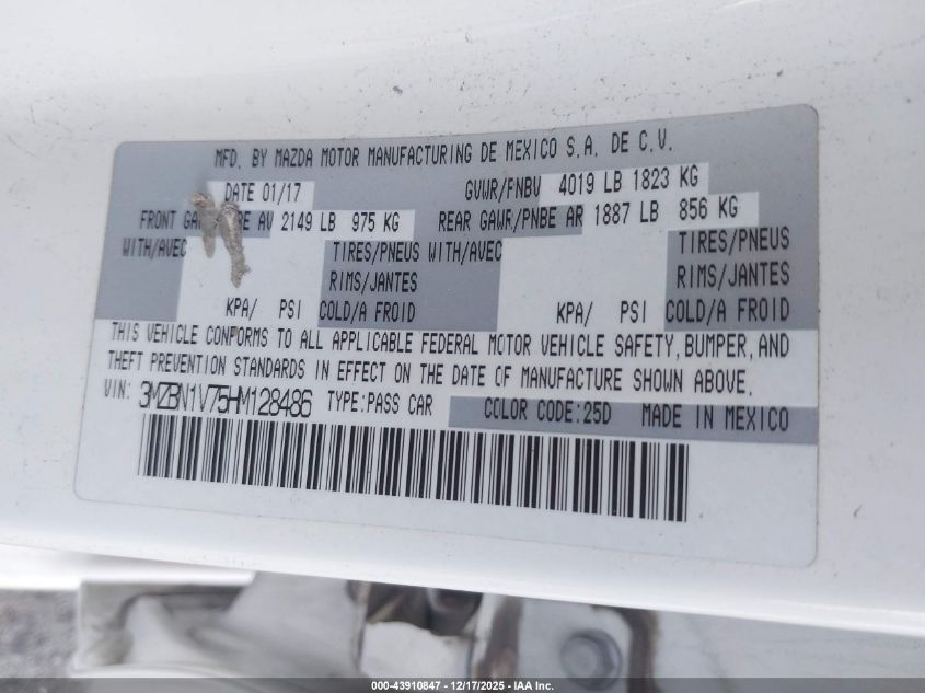 2017 Mazda Mazda3 Touring VIN: 3MZBN1V75HM128486 Lot: 43910847
