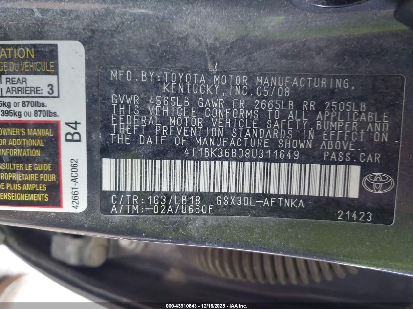 2008 Toyota Avalon Touring VIN: 4T1BK36B08U311649 Lot: 43910848
