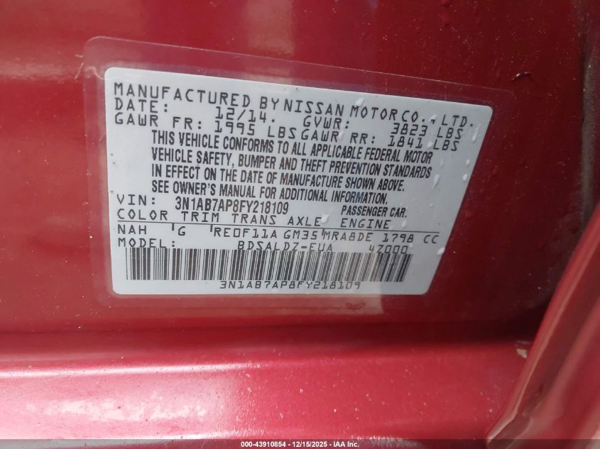 2015 Nissan Sentra Fe+ S/S/Sl/Sr/Sv VIN: 3N1AB7AP8FY218109 Lot: 43910854