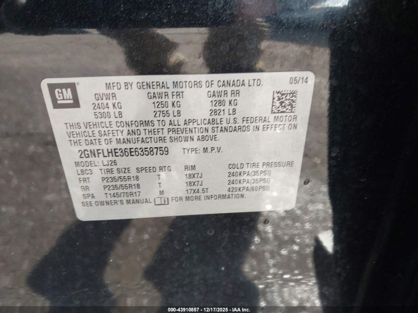 2014 Chevrolet Equinox Ltz VIN: 2GNFLHE36E6358759 Lot: 43910857