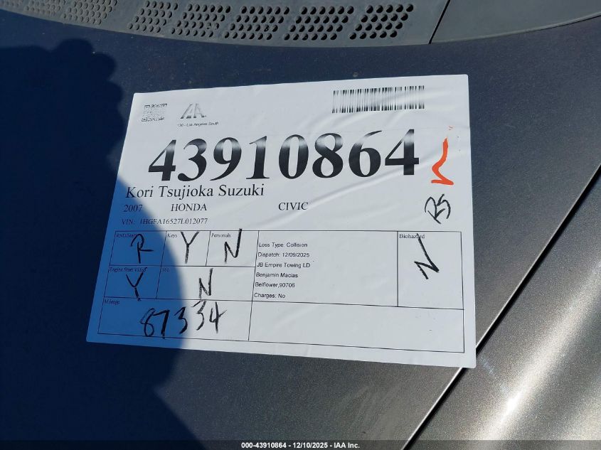 2007 Honda Civic Lx VIN: 1HGFA16527L012077 Lot: 43910864