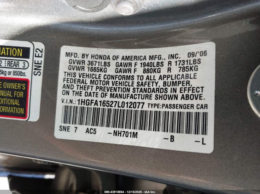 2007 Honda Civic Lx VIN: 1HGFA16527L012077 Lot: 43910864