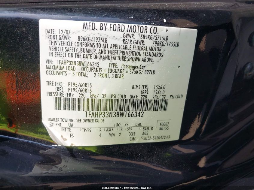 2008 Ford Focus Se/Ses VIN: 1FAHP33N38W166342 Lot: 43910877